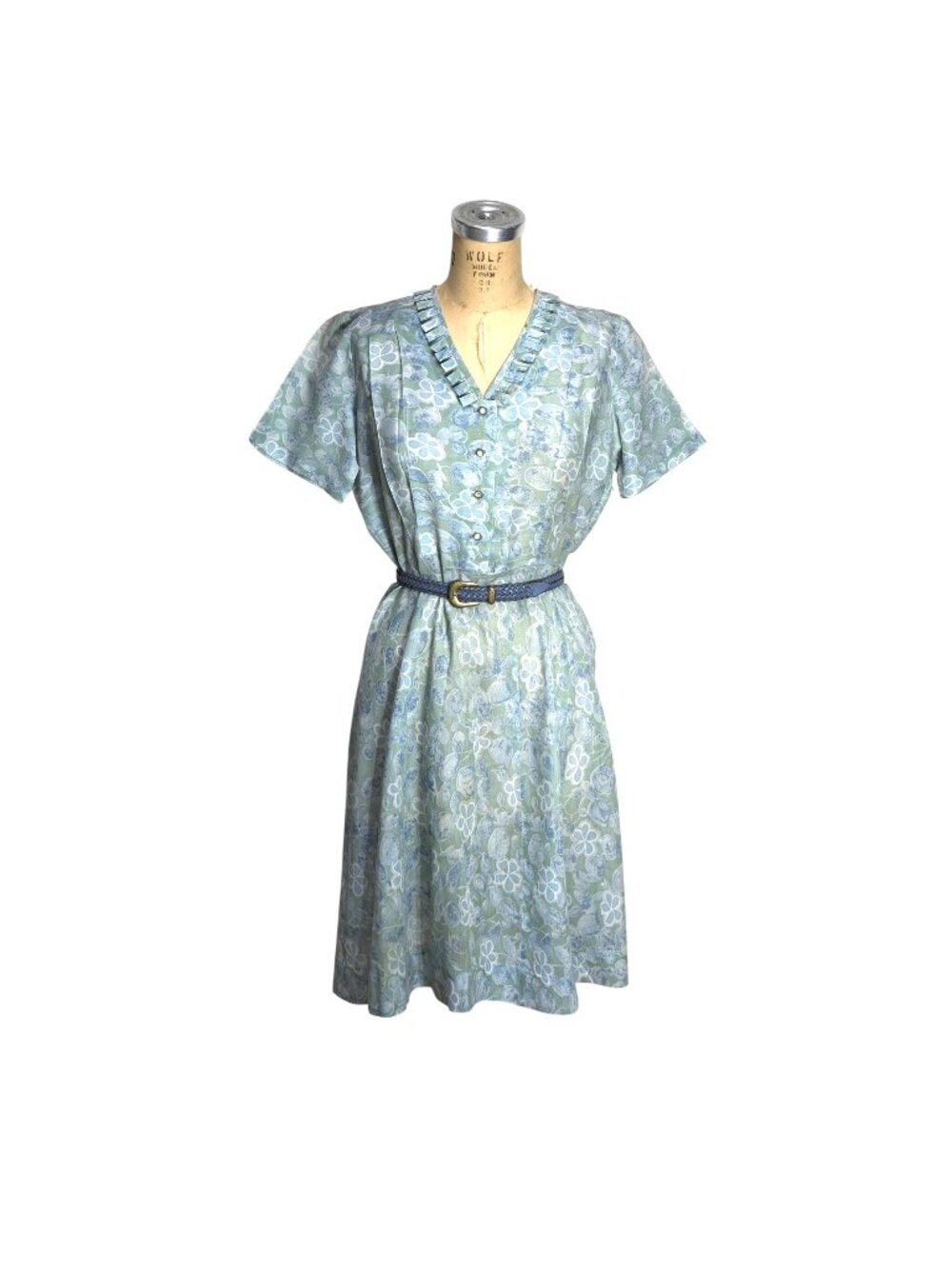 1950s floral shirtwaist dress with rhinestone buttons and pleated ruffle collar